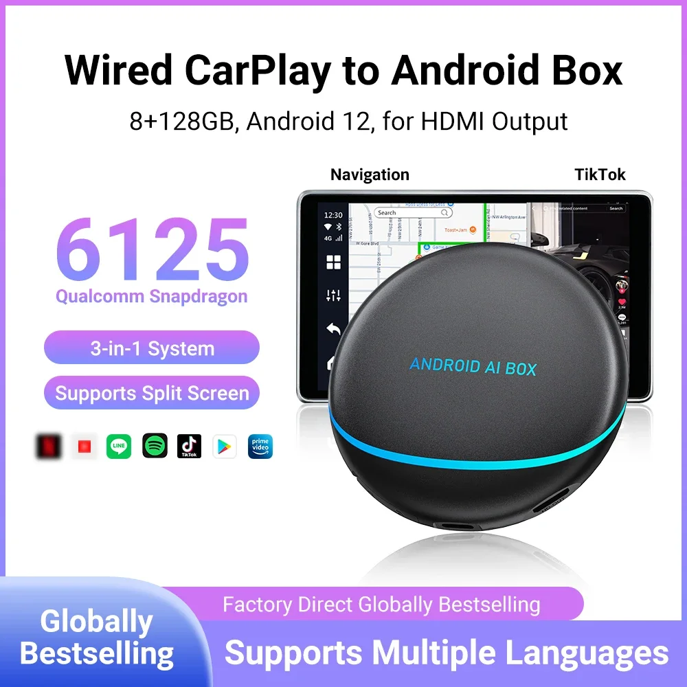 Ottomotion CarPlay TV Ai Box Wireless Android Auto Car Play Adapter QCM6125 Multimedia Android 12.0 3 In 1 Car Accessoires