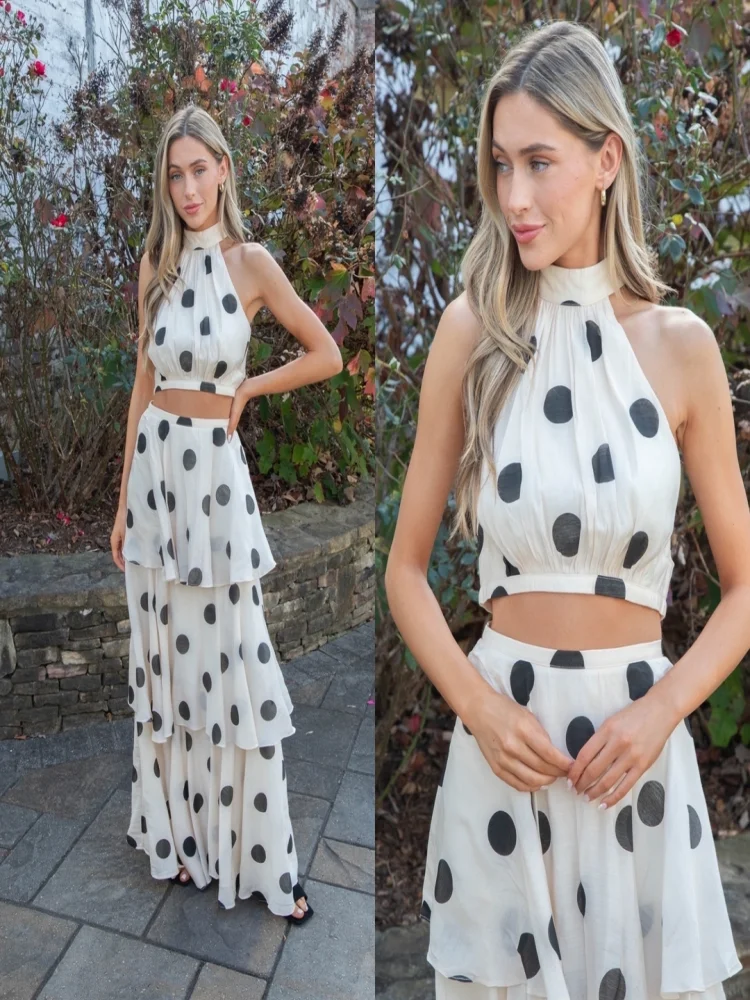 

Sexy Polka Dot Neck Top Skirt Set Women Fashion Sleeveless Slim Shirt High Waist Skirts Suit Female Summer Chic Casual Outfit