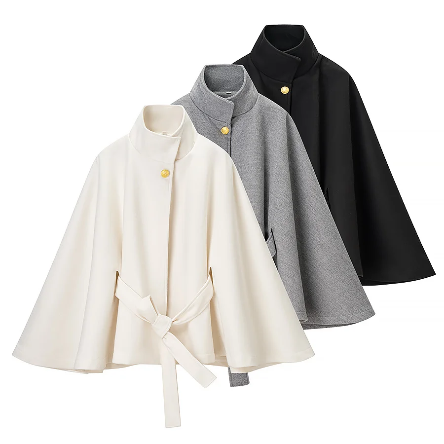 

DiYiG WOMAN 2025 autumn new fashion solid color with belt cape coat chic stand collar bell sleeve coat Outerwear Mujer