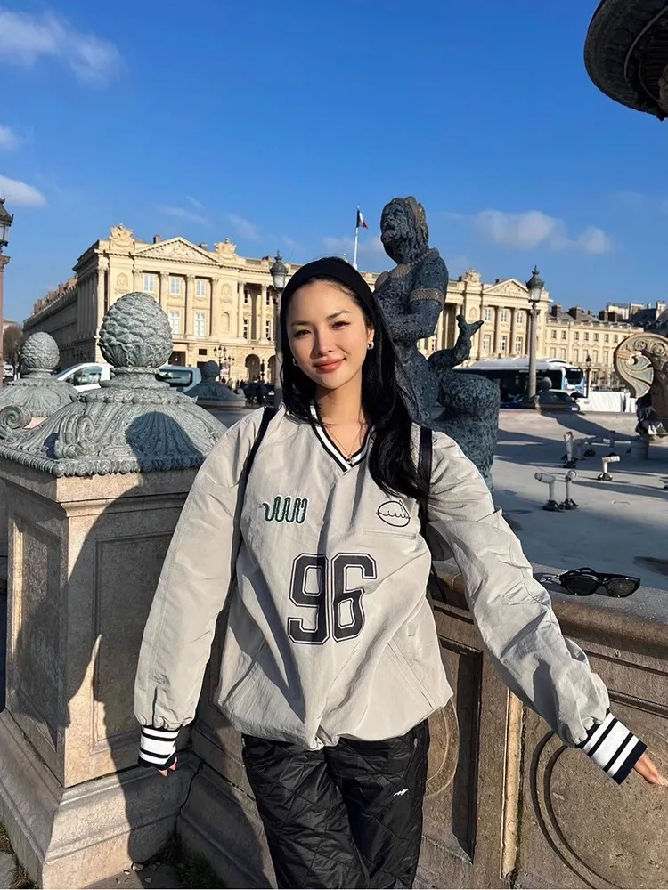 

Бейсбольная толстовка с V-образным вырезом от Дженни Ким, свободного кроя, из хлопка, с длинными рукавами, осенняя, модная, повседневная, удобная, в уличном стиле