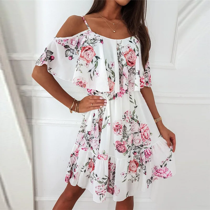 Donna 2023 abito con stampa floreale Summer Fashion Spaghetti Strap Off spalla abiti senza maniche Holiday a-line Mesh Fabric Vestidos