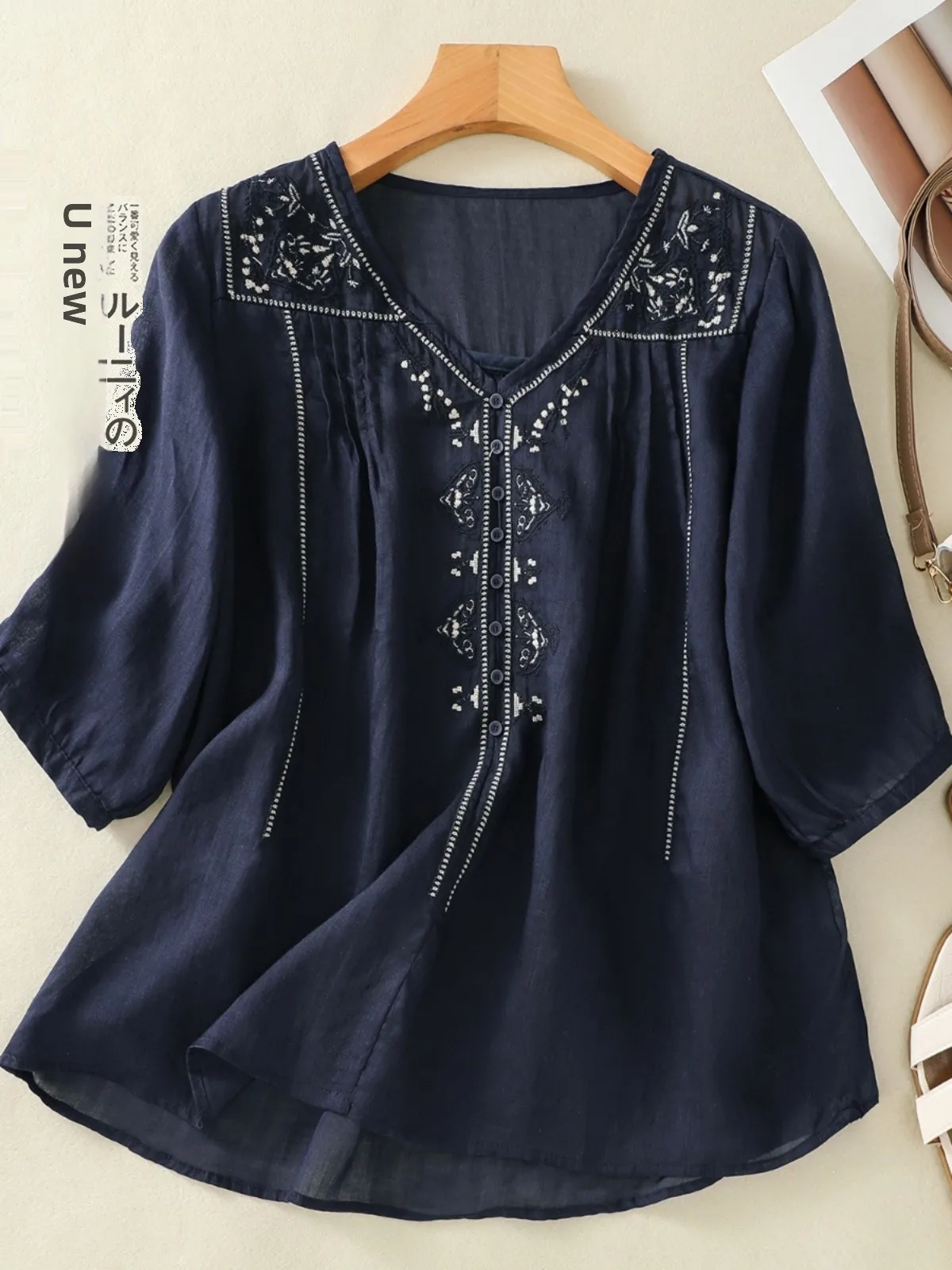 Rétro lourd broderie v-ne lin irt femmes été mince ample minceur coton lin ort Sve haut trajet Sle