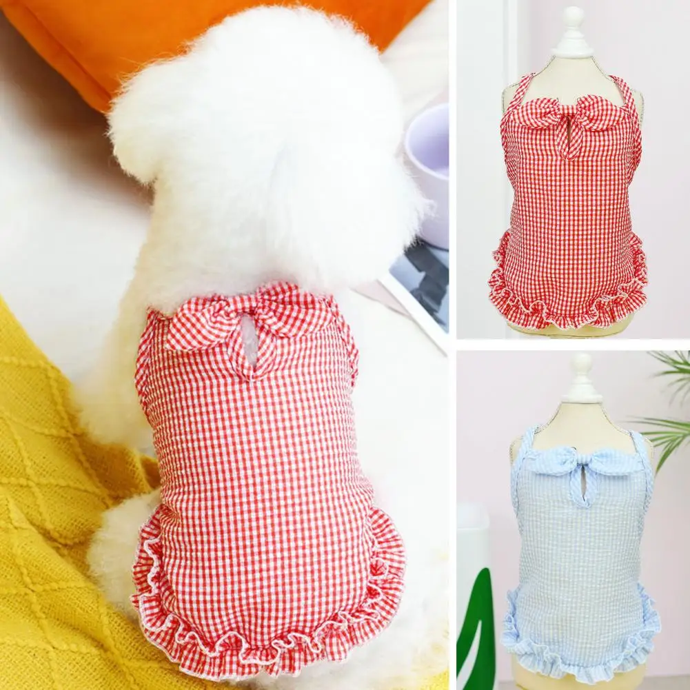 Pet Dress Comfortable Square Neck Sleeveless Plaid Print Pet Puppy Dog Bowknot Dress Summer Dog Princess Bikini Pet Supplies