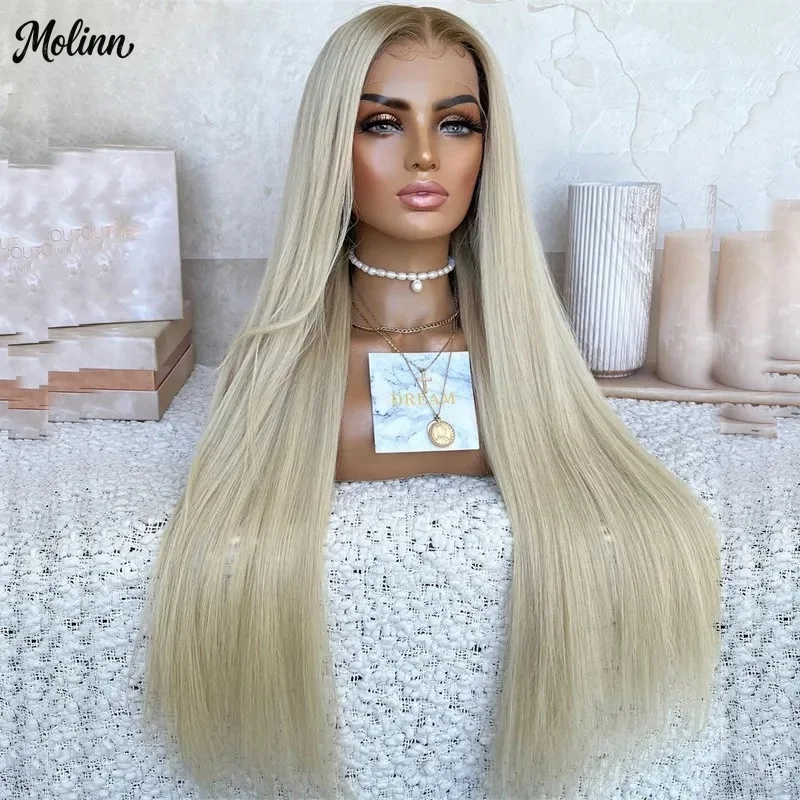 Ombre Ash Blonde Natural Straight Lace Front Wig 13X4 HD Synthetic Lace Frontal Wigs Balayage Heat Resistant Fiber For Women