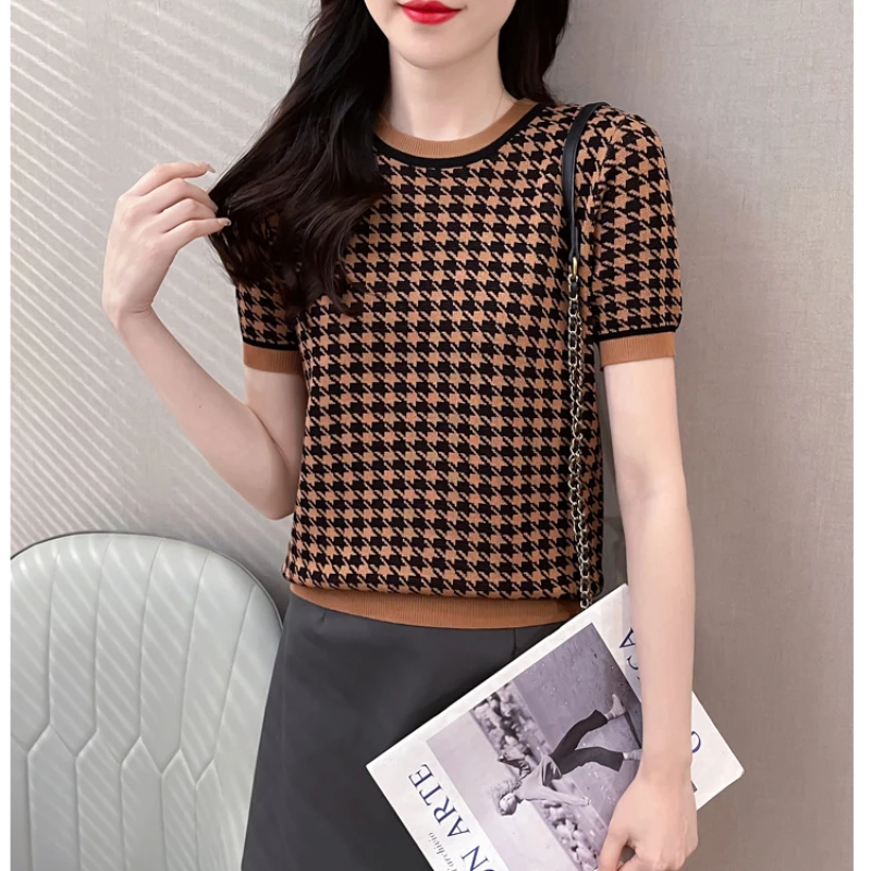 Office Ladies Fashion t-shirt lavorate a maglia a maniche corte donna Thousand Bird Grid Jacquard Top Summer Casual Slim Basic pullover