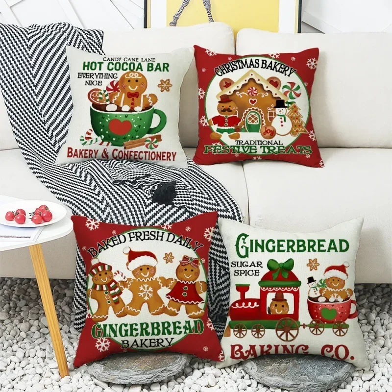 1PCS Cute Gingerbread Man Christmas Cushion Cover 45x45cm Linen Winter Decorations Pillow Covers For Chair Bed Sofa