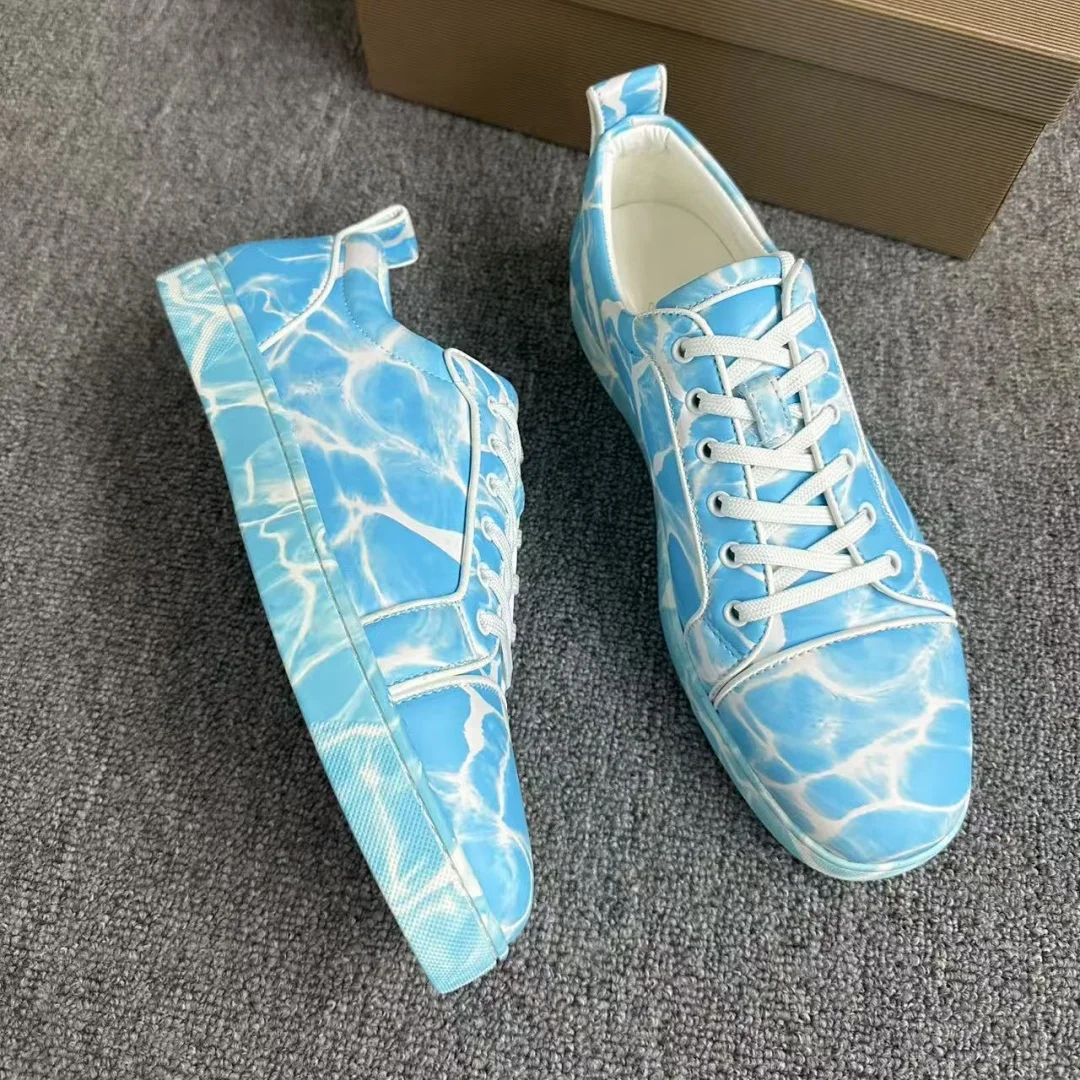 

Blue Water Ripple Board Shoes For Men And Women Round Toe Lace-Up Red Sole Casual Sports Shoes Unisex Flats 35-46 Large Size New