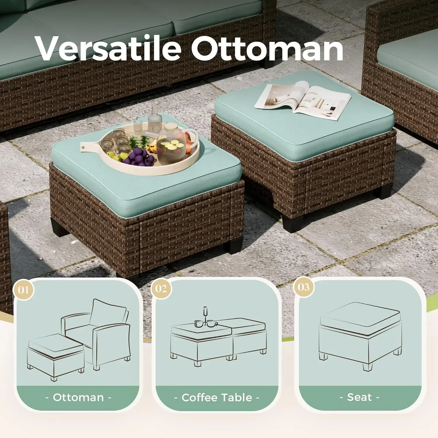 Patio Furniture Set, Wicker Outdoor Conversation Set,  Single Chairs,  Seater Sofa and Ottoman with Cushion and  Fire Pit Table