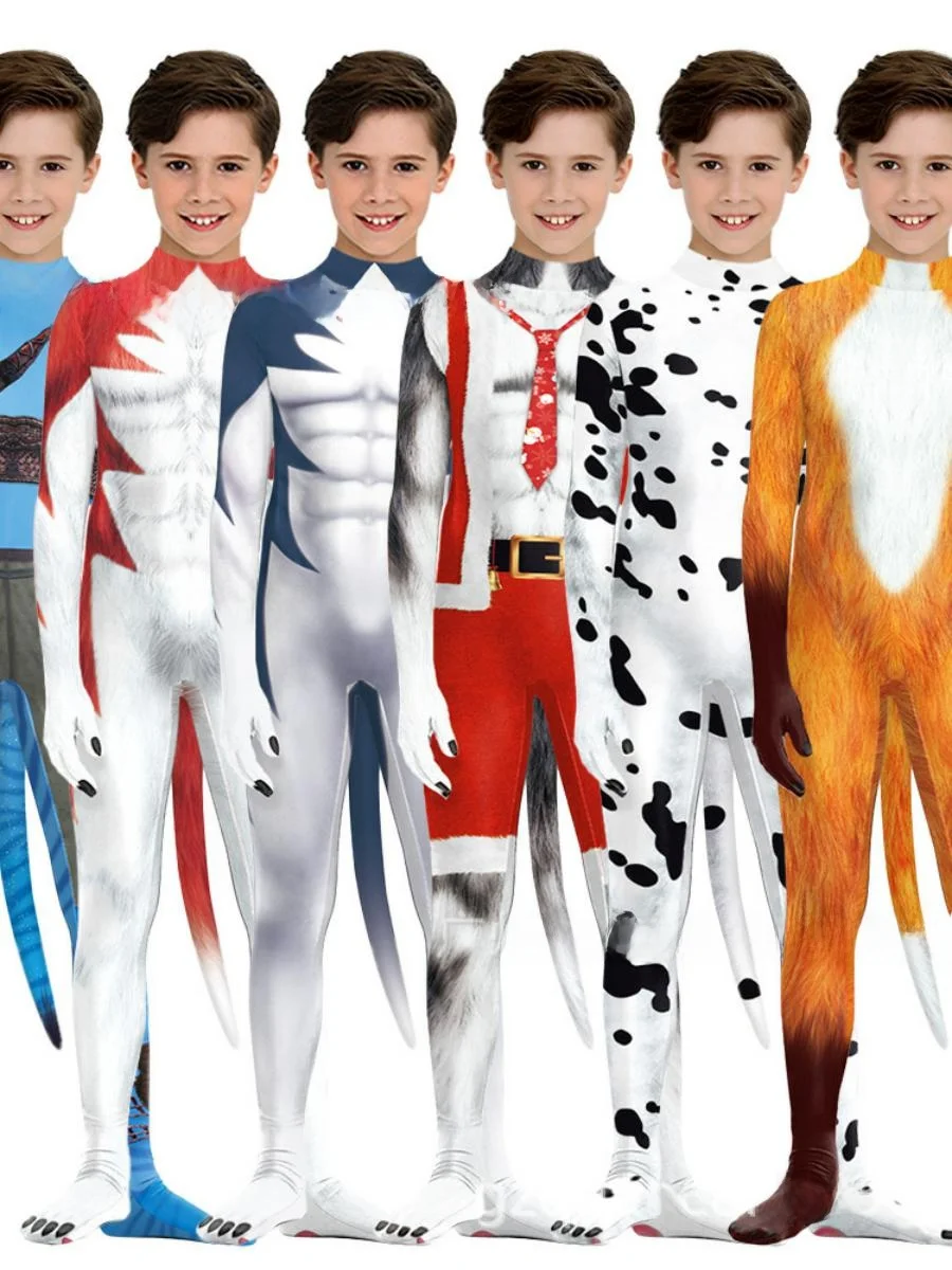 Nuevo disfraz de animal 2024, mono ajustado con pie y cola, disfraz de Halloween con estampado digital para niños, adecuado para escenario...