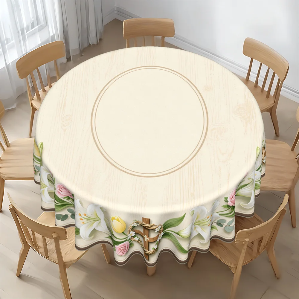 Round tablecloth, tablecloth cover, round tablecloth cover, religious floral design with cross and lily pattern