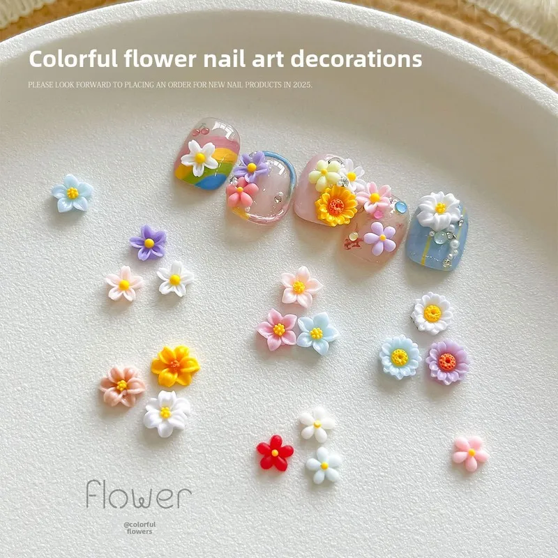 50pcs Colorful Flower Nail Art Charms Pastoral Daisy Five Petal Resin Rhinestones 3D Mixed Decoration Wholesale Bulk Set Hot Gem