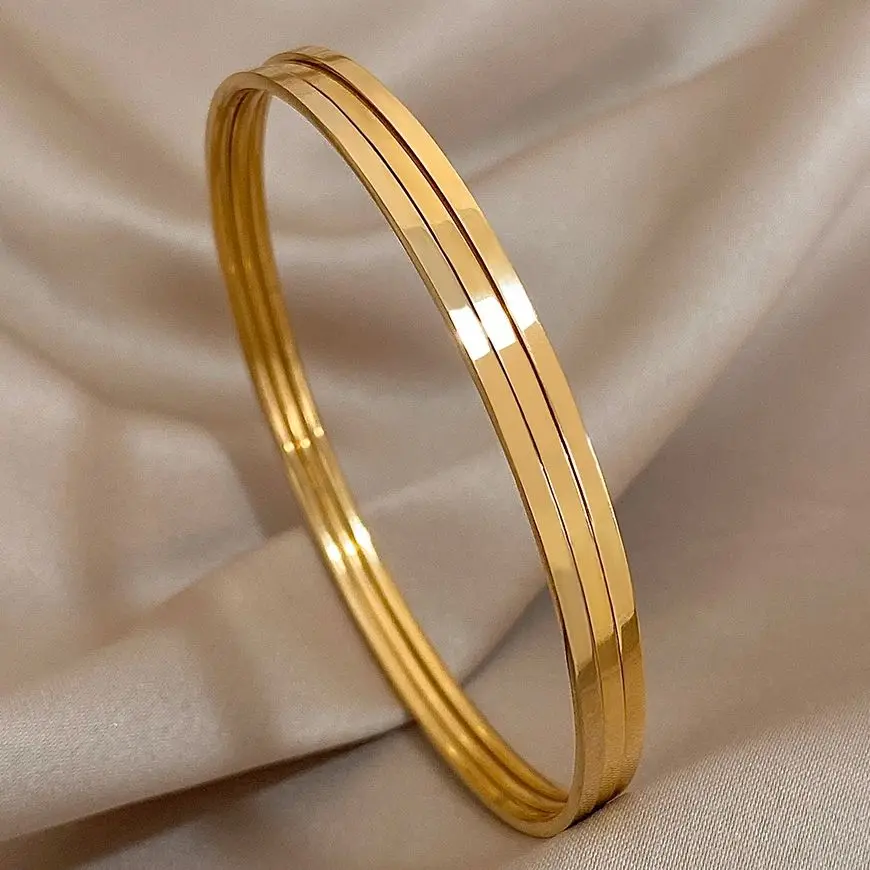 3pcs Mixcolor Slim Stainless Steel Bangle Bracelet for Women Chic Glossy 18K Gold Plated Stacked Bracelets Waterproof Jewelry