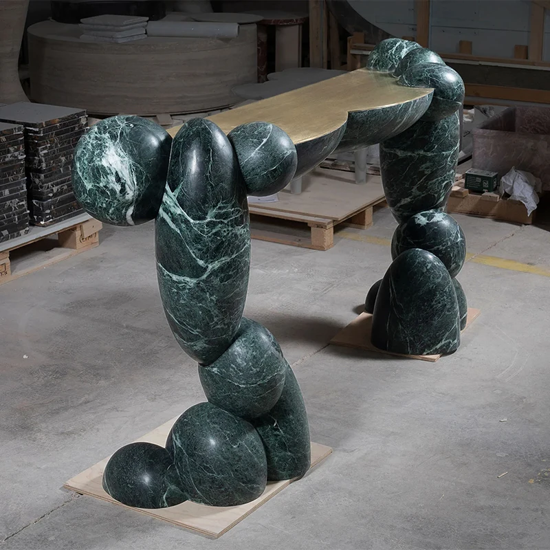 #Artistic Sculptural Green Marble Console Table Organic Pebble Base Natural Stone Entry Table for Luxury Villa Hotel Lobby