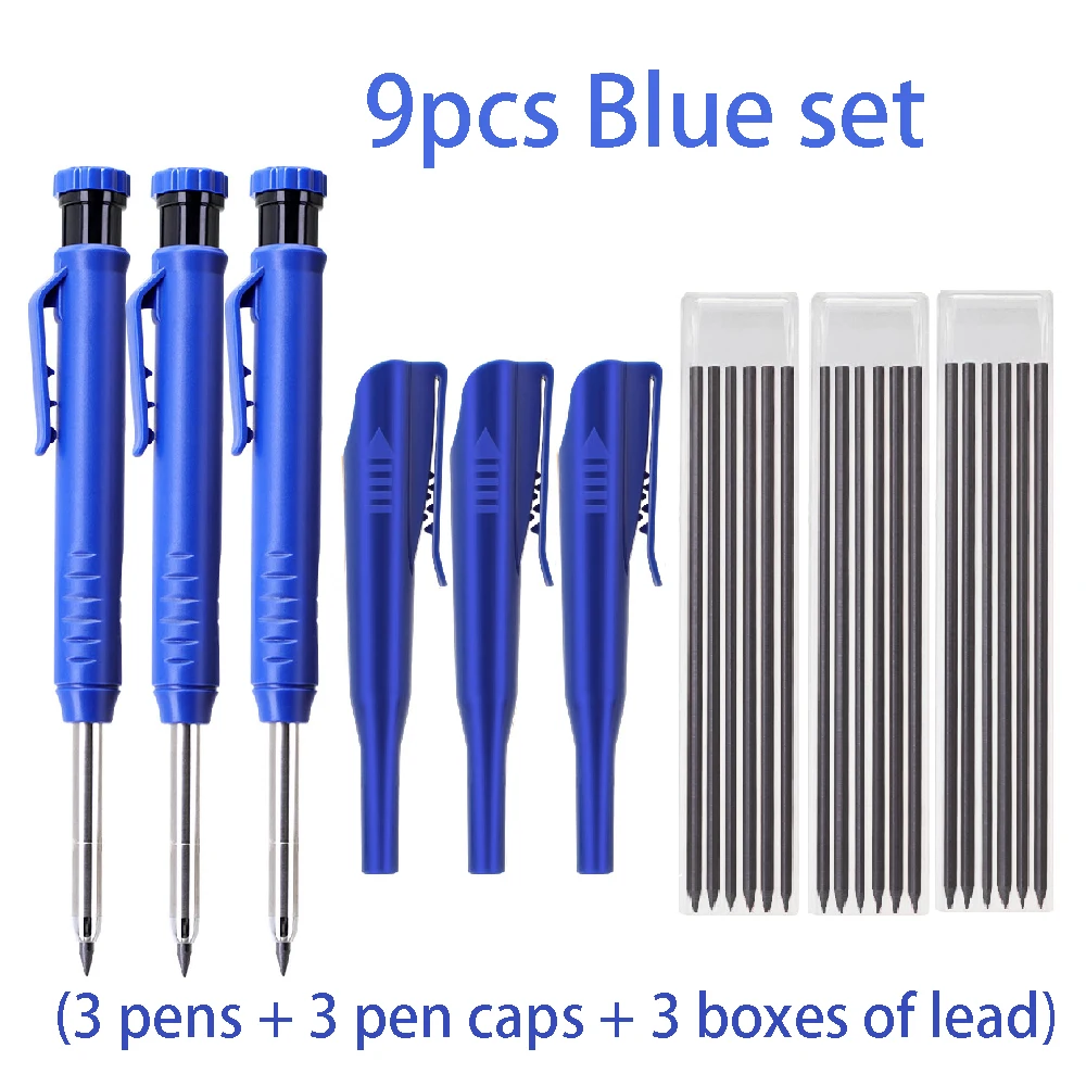 9 Stück/Set 2,8 mm Tiefloch-Tischlerbleistift-Set – 3 Stifte + 3 Minenminen + 3 Kappen. Vielseitig zum Schreiben, Holzbearbeitung und Markieren.