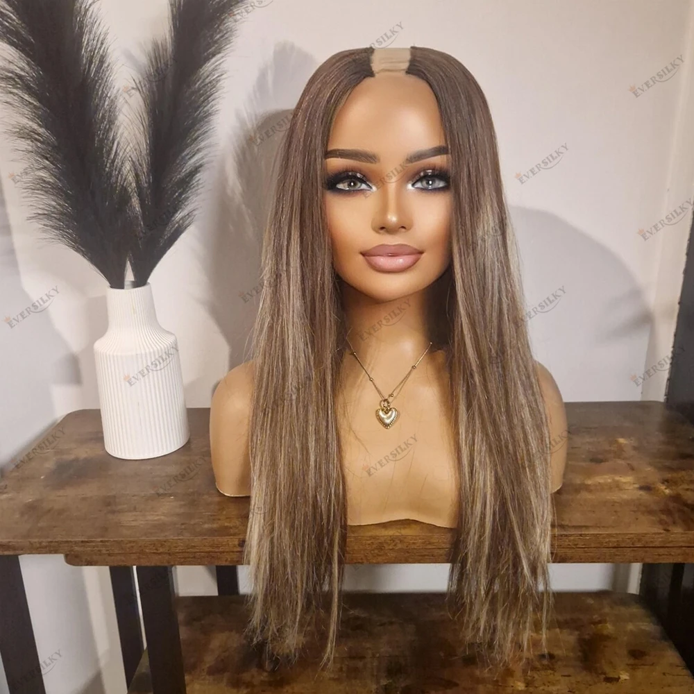 Balayage Silky Straight Ash Brown Blonde 100% Human Hair Wigs Cheap Machine Made Glueless U Part Wig with CLips&Combs 1x4 Size