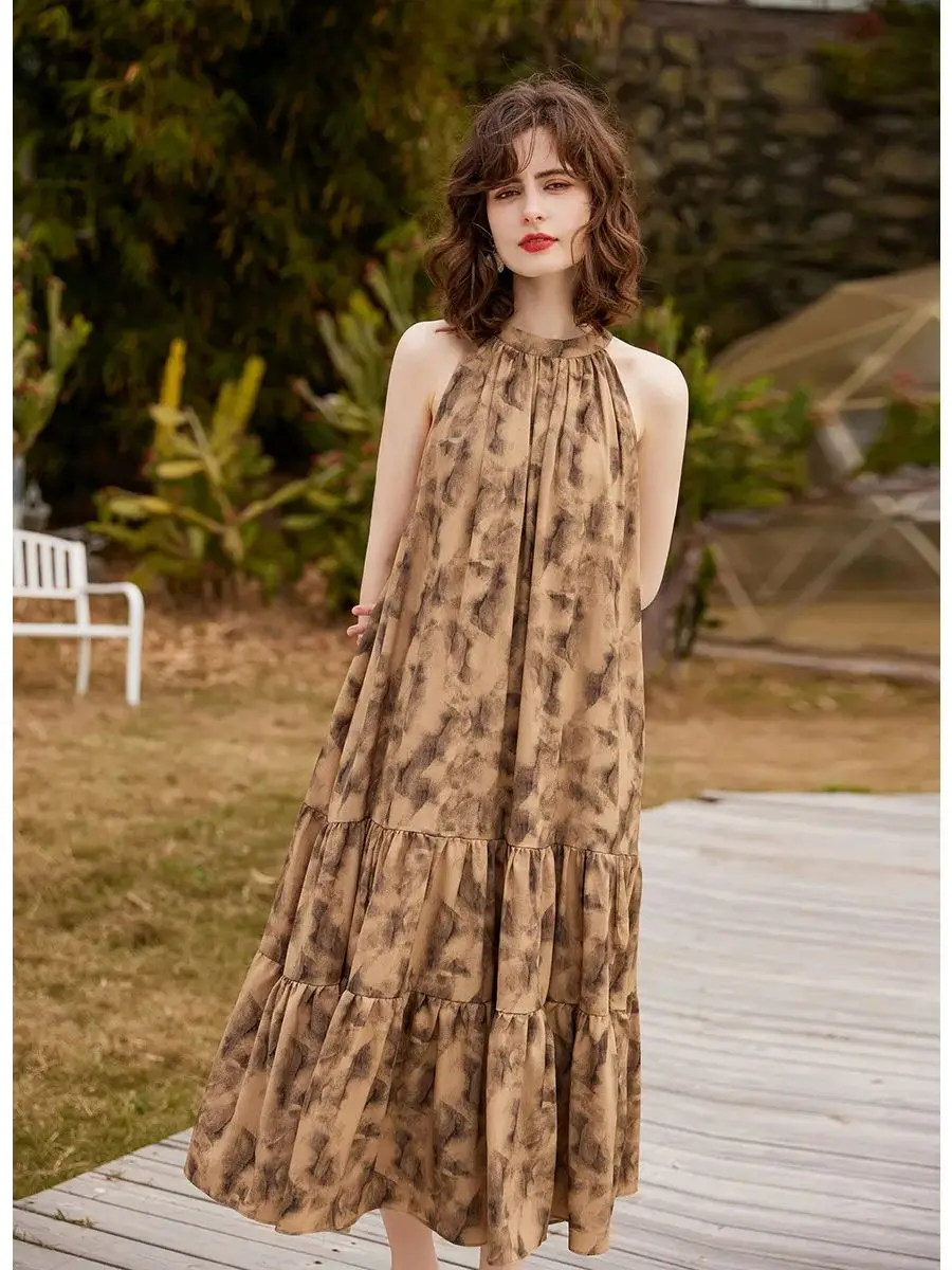 LOUIS YAO Women Dress 2024 Summer Retro Style Elegant Grace Sleeveless Loose Fit A-LINE Long Brown Dress