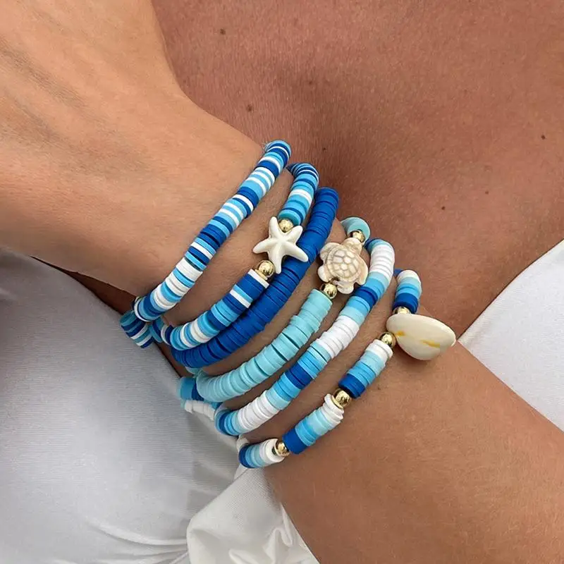 Multilayer Imitation Pearl Soft Ceramic Bracelets Set Women Creative Starfish Flower Bracelets Summer Beach Jewelry