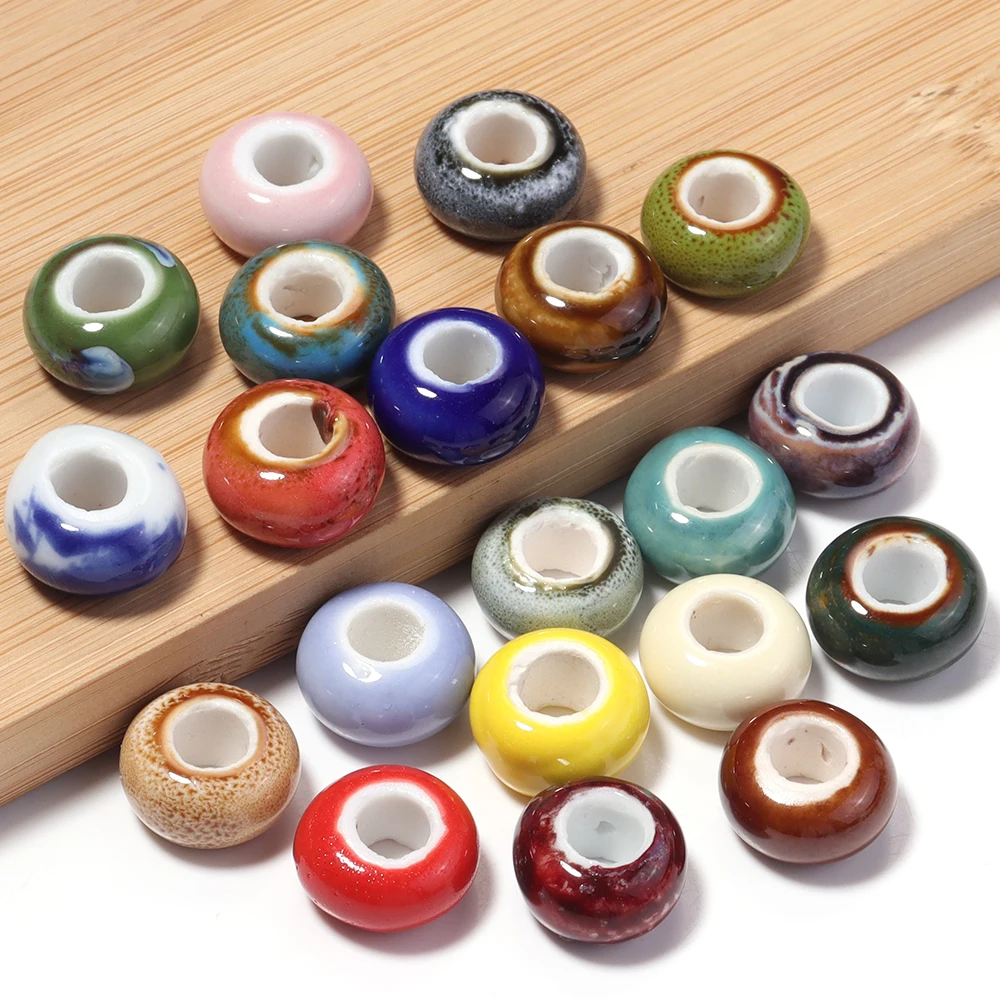 10pcs 9x15mm Wheel Shaped Glazed Ceramic Beads Flat Spacer Large Hole Bead for Jewelry Making DIY Bracelets Accessories