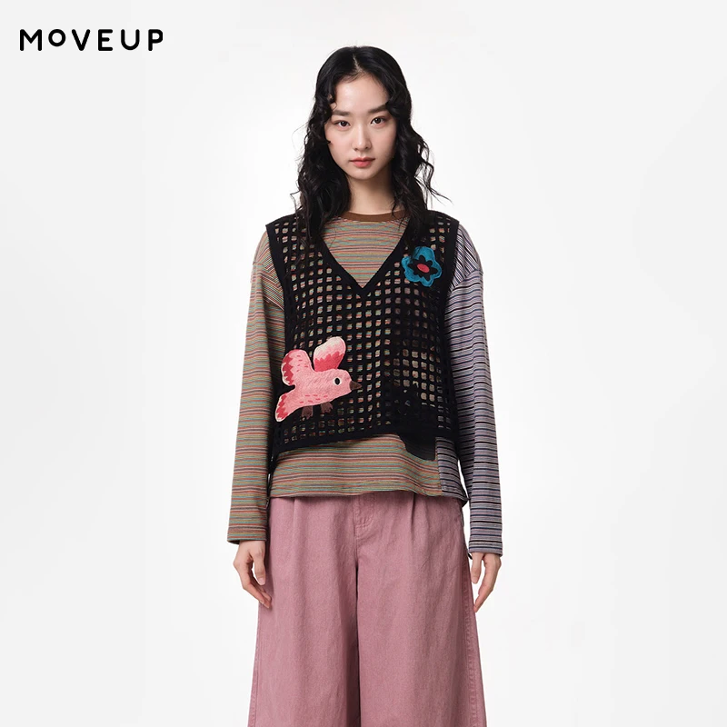 

Женский вязаный кроп-топ MOVEUP, весна 2026, 100% хлопок, с вышивкой птиц и цветов, без рукавов, V-образный вырез, на завязках, сетчатый, 3ELC31004