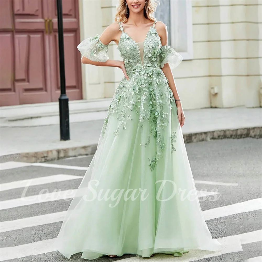 

A Line Tulle Evening Dresses For Women Lace Applique Long Prom Dress Off Shoulder V Neck Formal Party Gowns robes de soirée