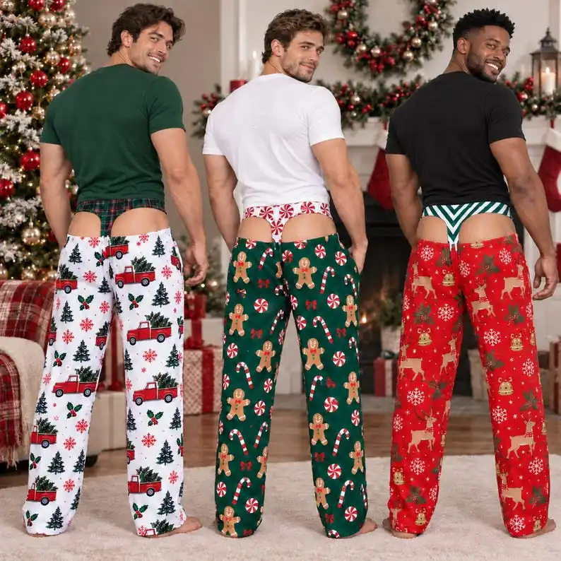Men's Personalized Christmas Pajamas with Fashionable Printed Soft Holiday Pajamas and Fun Gingerbread Printed Pants