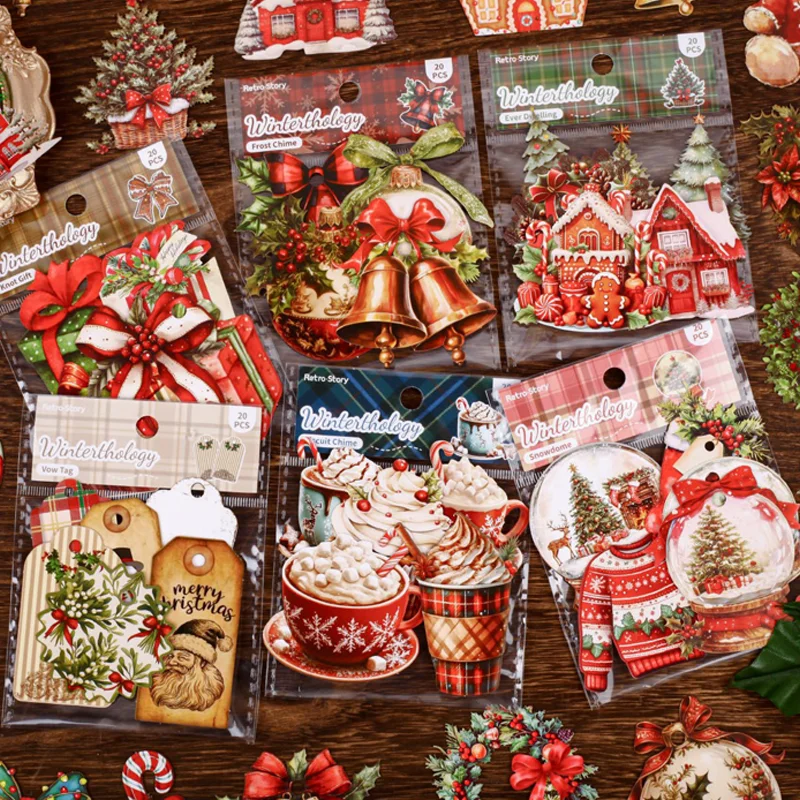 Mr.Paper 6 Packs Christmas Stickers, Creative Holiday Bow Background Decals for Journal Scrapbooking DIY, Phone Case Diary Decor