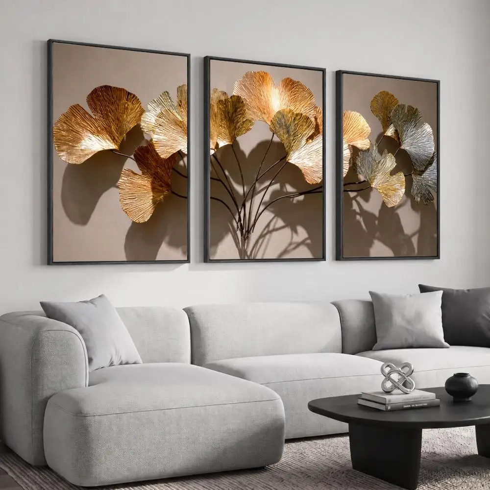 Luxury Gold Metallic Ginkgo Leaves Painting Calligraphy Canvas Poster Set Wall Art for Bedroom Living Room Home Decor Decals