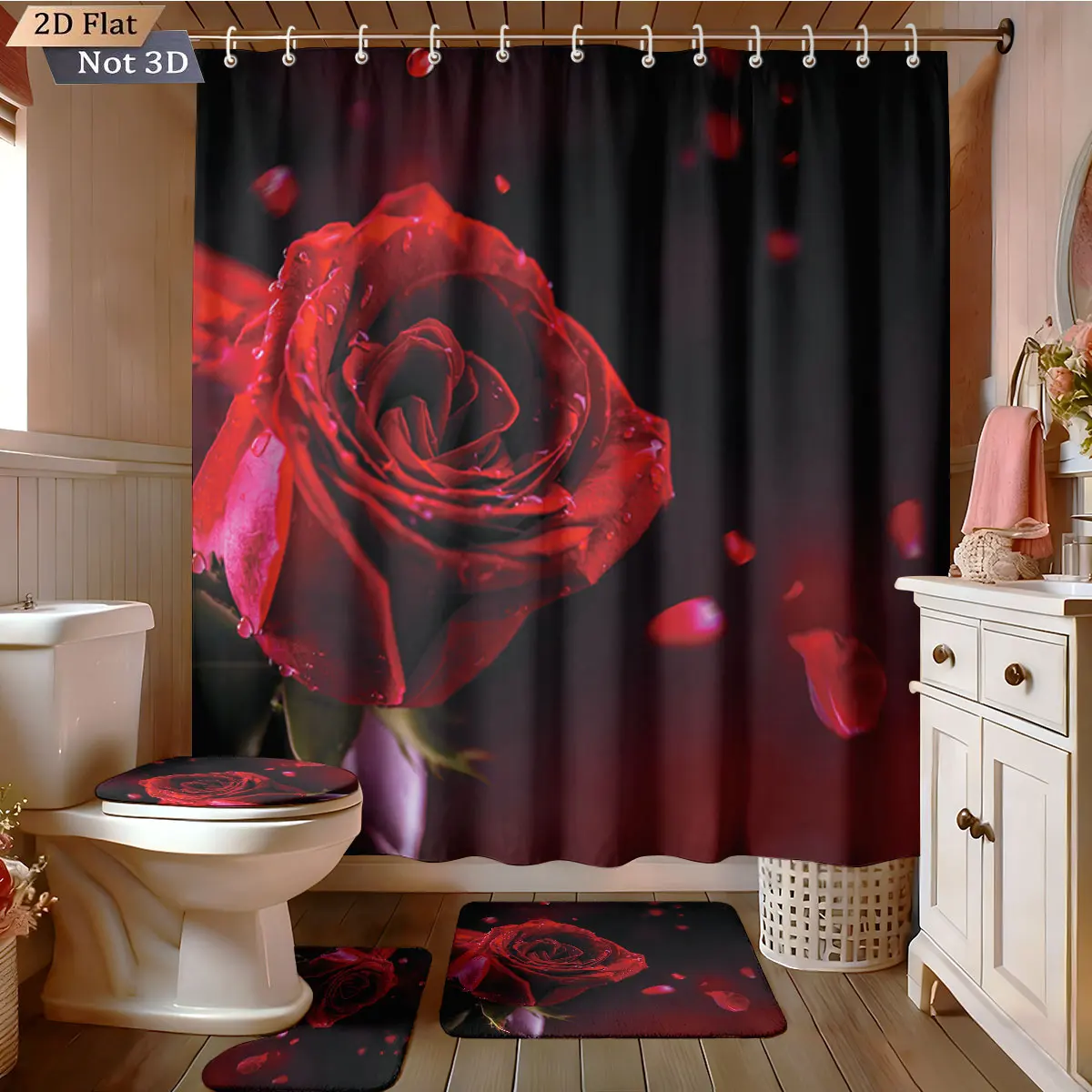 

Набор для ванной комнаты из 4 предметов ко Дню святого Валентина с принтом красных роз: водонепроницаемая шторка для душа 180x180, коврик для пола, коврик для унитаза, U-образный коврик