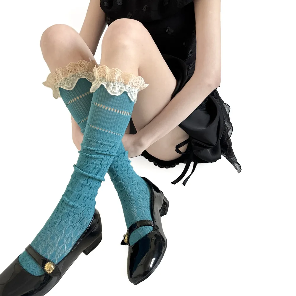 Y2K Lace Trim Knee-high Socks Hollow Out Breathable Calf Socks Soft Odor-resistant Retro Stockings Fall Winter