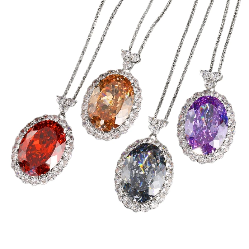Stunning Big Oval Pendant Necklace Rings Jewelry 18*25mm 4 Color Stone with 55cm Neck Chain Fashion Accessories Jewelry Gifts
