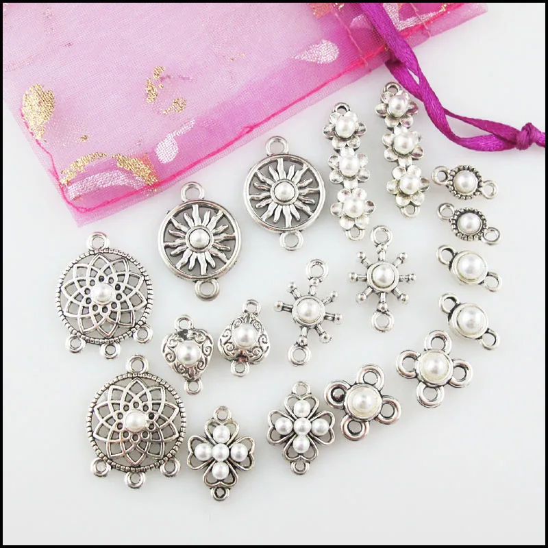Fashion New Star Flower Round Clover Round Charms White Plastic Pendants Connectors Tibetan Silver Plated