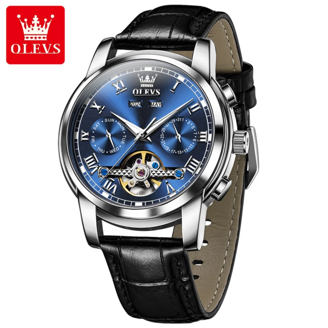 

OLEVS 6607 модные механические часы подарок с круглым циферблатом ремешок из натуральной кожи наручные часы