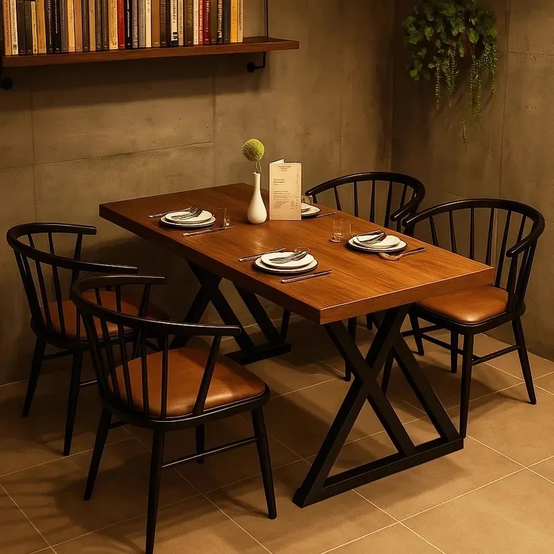 Industrial Style Wooden Dining Table Set for Restaurant Bar Cafe Small Space Home Use Round Rectangular Modern Farmhouse