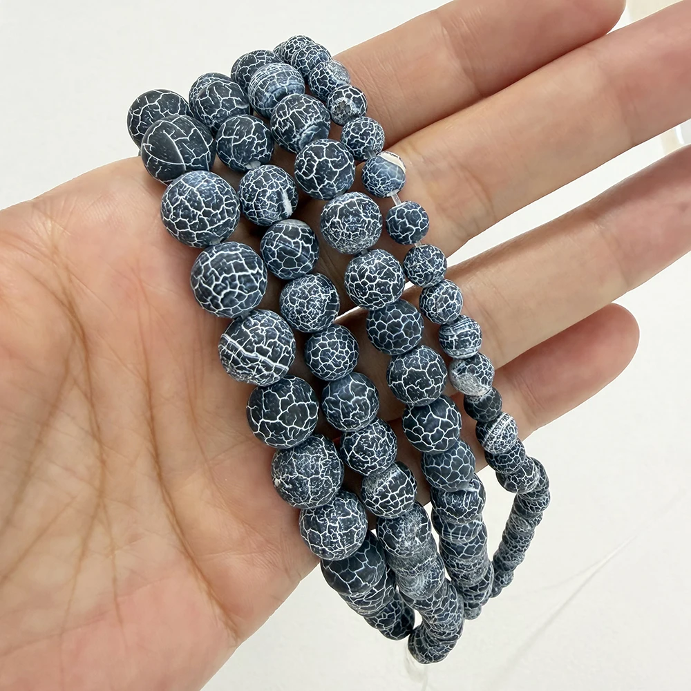 Natural Stone Frost Crab Black Agate Round Loose Beads 6 8 10 12MM Pick Size For Jewelry Making