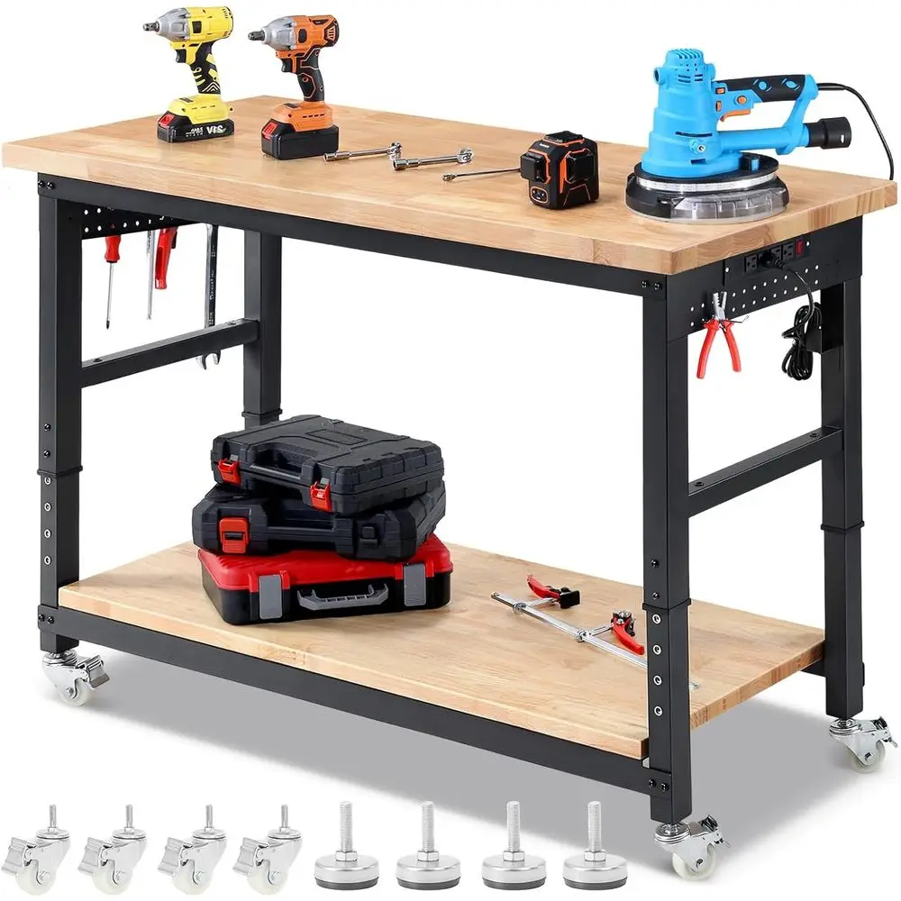 Work Bench or Garage Adjustable Workbenches with Storage 60 Inch Garage Workbench with Under Table Shel, Pegboard, Power Outlets