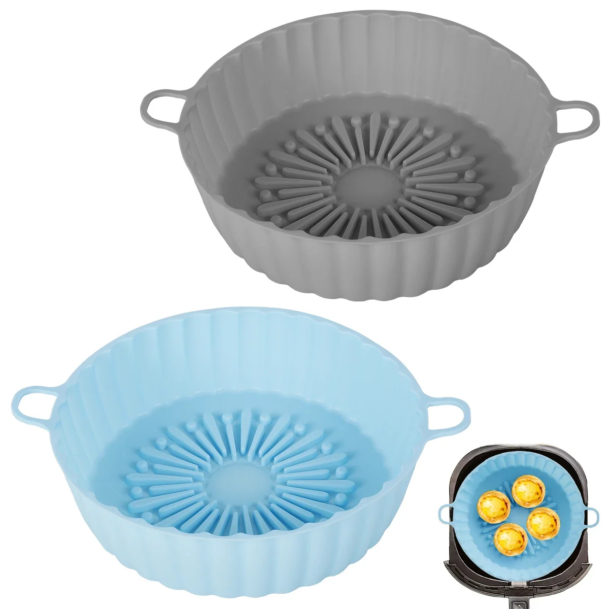 New 2Pcs Air Fryer Silicone Pot with Handle Reusable Air Fryer Liner Heat Resistant Air Fryer Silicone Basket Round Baking Pan