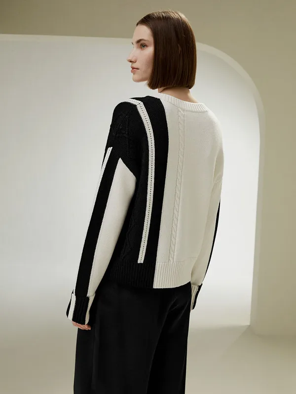 100% wool contrast sweater women's loose color matching sweater round neck autumn and winter sweater design sense