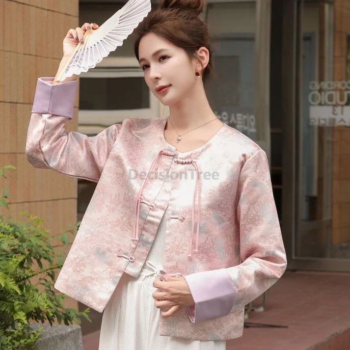 Spring Autumn Chinese-style National Pattern Toggle Jacquard Pink Coat Retro Cardigan Casual Women's Jacket
