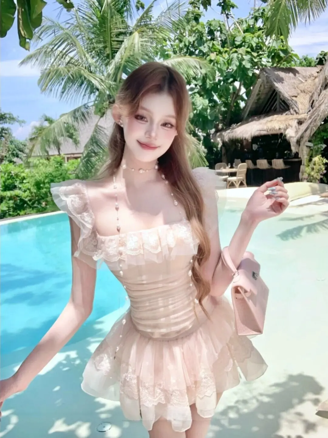 

Spring Summer Slimming Design Lace Patchwork Pure Desire Sweet Fly Sleeve Top Half Skirt Set Women Fashion Breathable Polyest...