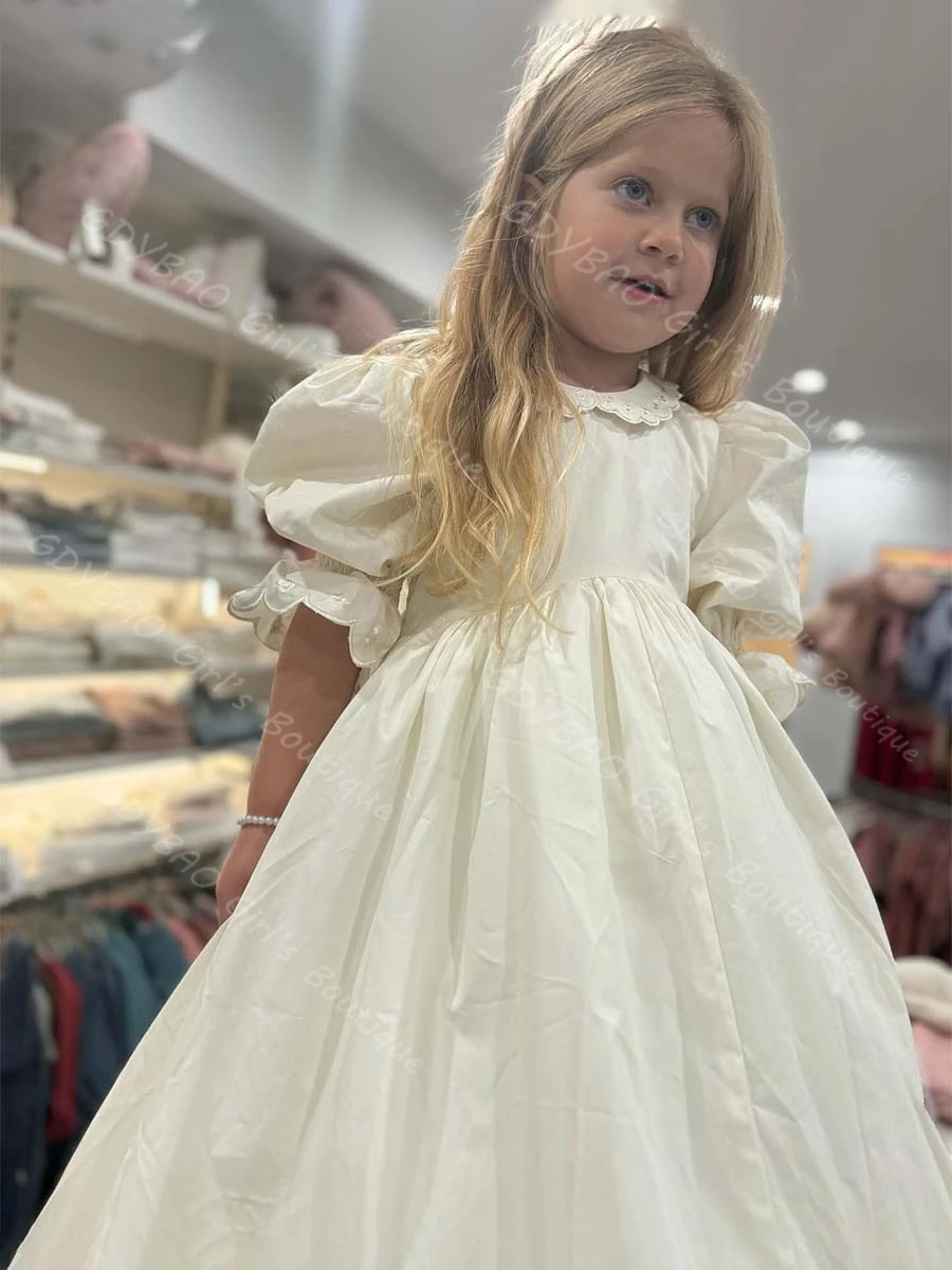 Gaun Komuni Pertama Vintage Lengan Setengah dengan Ruffle Taffeta Gaun Putri Pengiring Pengantin untuk Pernikahan 2-14 Anak Gaun Pesta yang Dapat Disesuaikan