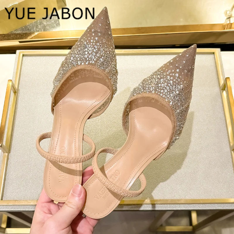 Sandales à Talons Hauts en Maille et Strass pour Femme, Chaussures d'Été de Styliste à Paillettes et Gemmes, Escarpins à Bout Jolie tu