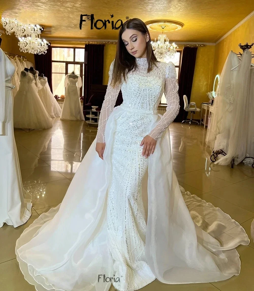 

White Muslim Pearls Dubai Wedding Dress With Organza Overskirt 2025 Luxury Bridal Gown Plus Size Customized for Wedding Party