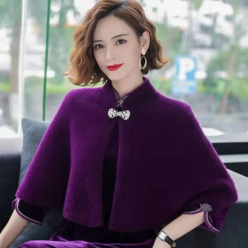 Korean Solid Color Ponchos Autumn Winter Thin Elegant Coat Temperament Casual Femme Buttons 2023 New Vintage Women\'s Clothing