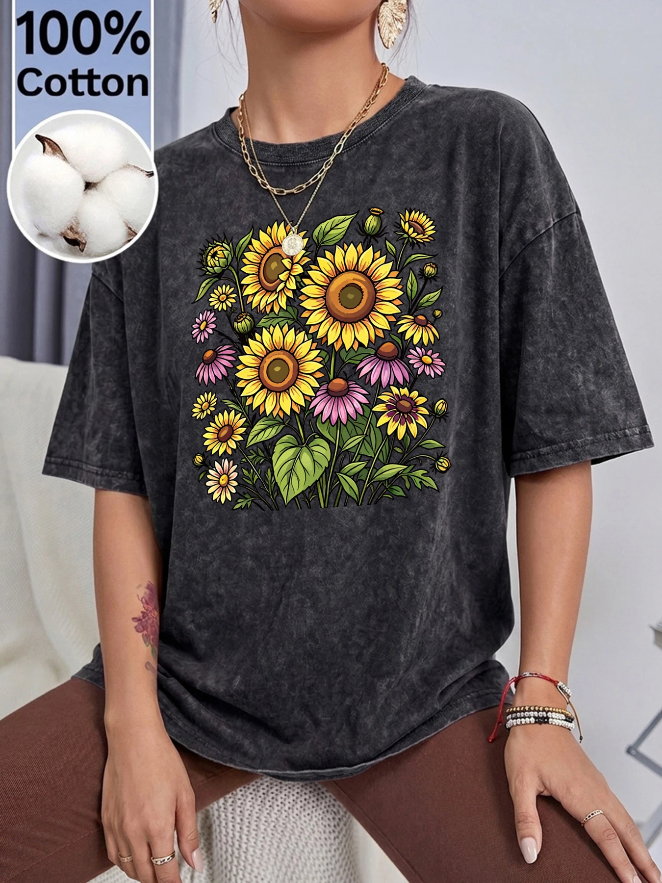 Sunflower Wildflower Botanical Blooms Print Women'S Washed T-Shirt Cotton Summer Short Sleeves Loose Crewneck Top Y2K Streetwear