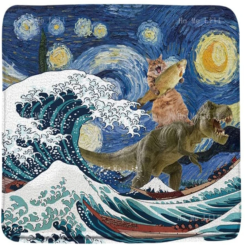 Funny Cat Cute Kitty With Fish Riding Dinosaur Great Wave Strarry Sky Japanese Style Creative Flannel Floor Rugs Home Decoration