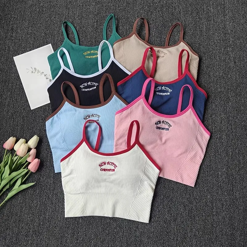Women's Spaghetti Strap Color Block Sports Bra - One-Piece Breathable Yoga Tank, Outerwear-Friendly Workout Bra