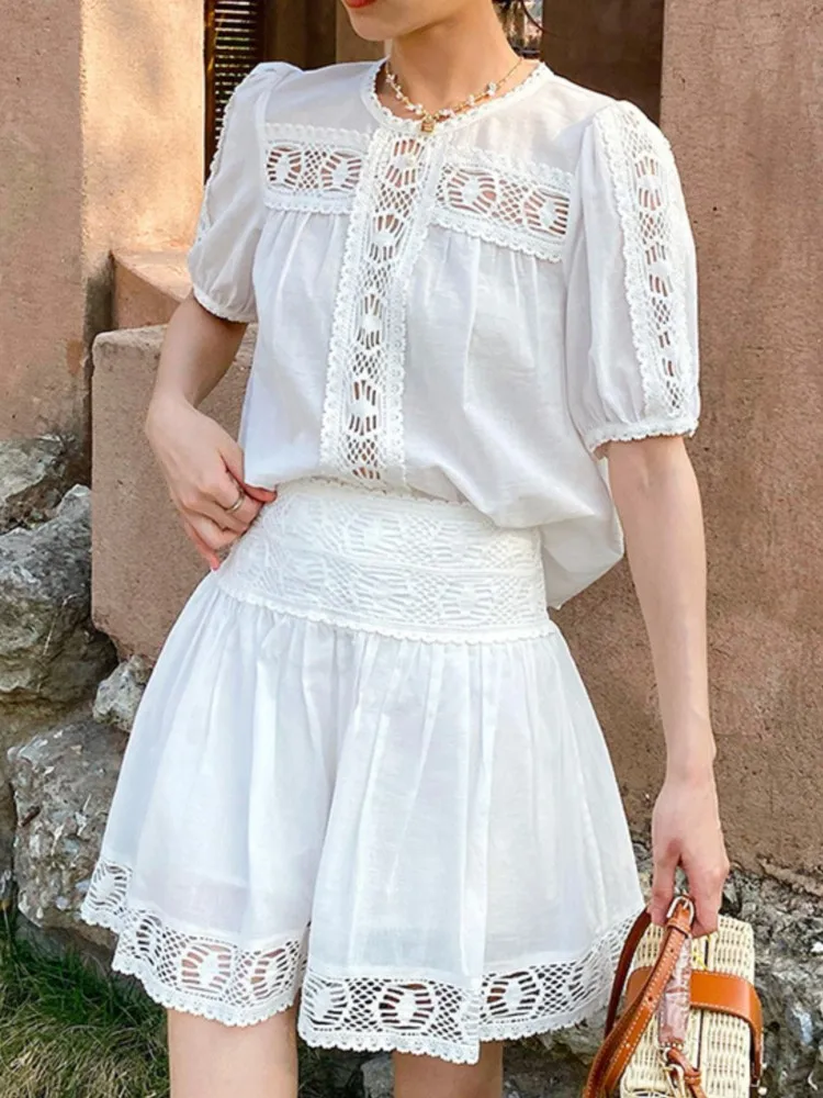 

2025 Summer New French Shirt Short-sleeve Top + Elastic Waist Short Skirt 2-piece Set Women Holiday Style Casual Beach Suit