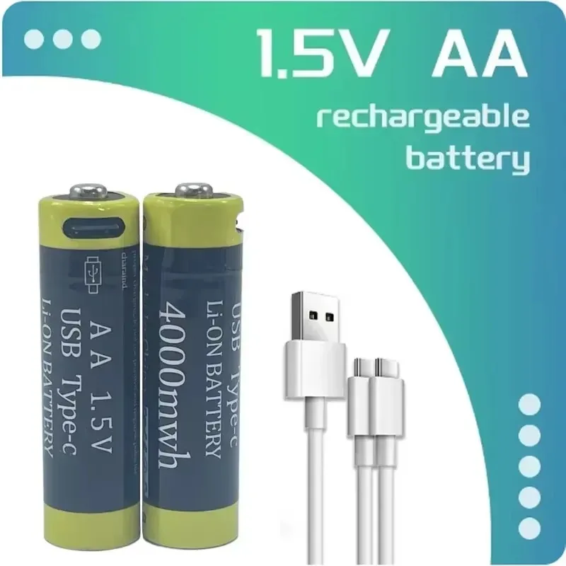 NEW 1.5V AA USB Rechargeable Li-ion Battery 4000mWh for Mouse Remote Control Small Fan Electric Toy Batteries USB Type-C Cable