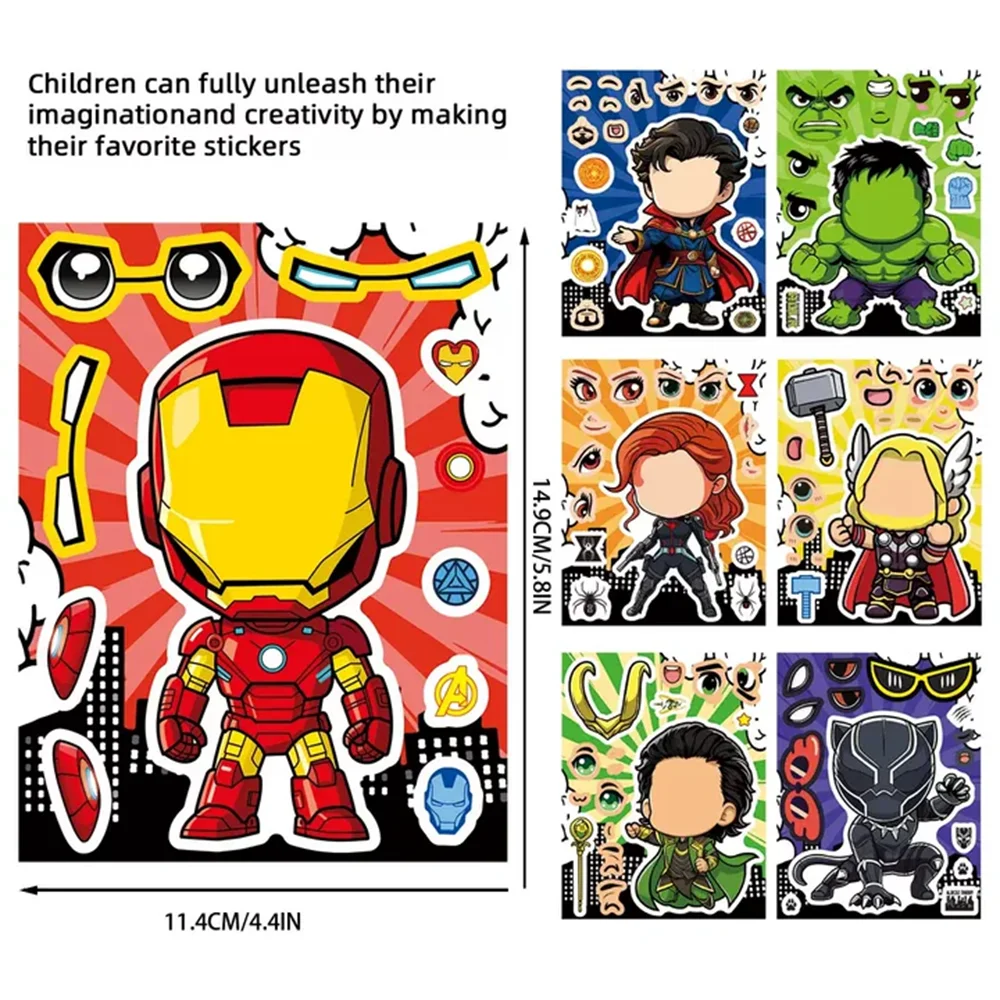 8/16 листов Marvel супергерои Мстители Make-a-Face головоломка наклейка DIY ноутбук Чемодан скейтборд граффити наклейки для подарка