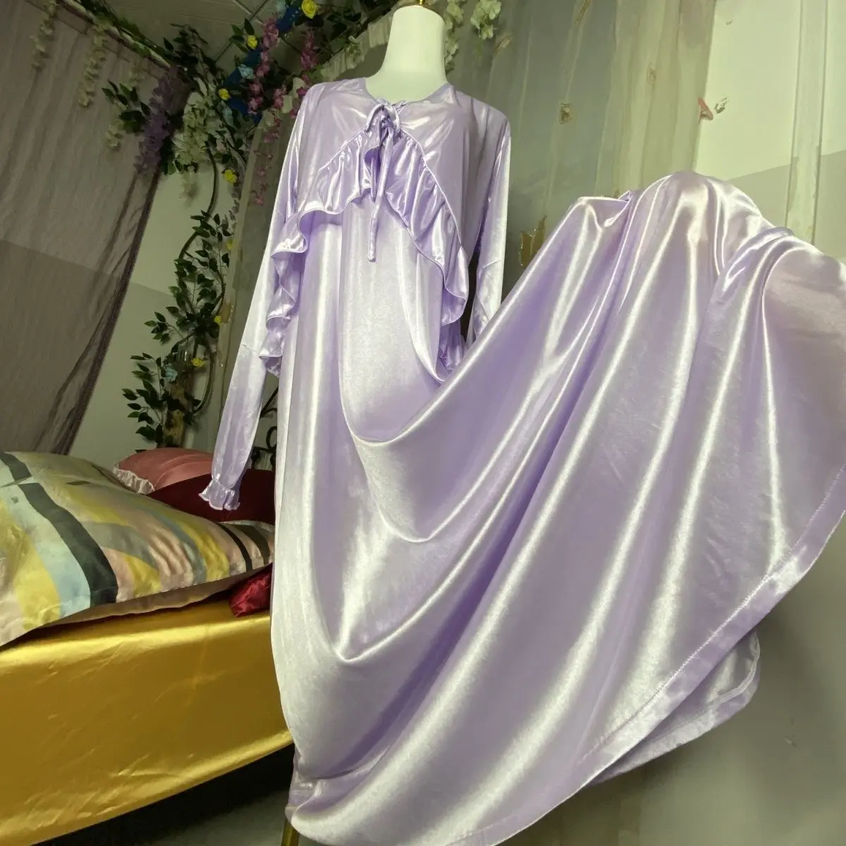 Glossy Ice Silk Sexy Women Ruffles Satin Long Sleeve Loose Maxi Dress Sleeping Robe